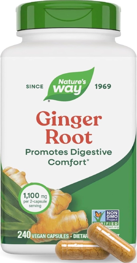 Nature 's Way Ginger Root Kapsułki 550 mg na kapsułkę, Digestive Comfort * Redukuje ruchowe Nudności *, 1,100 mg na 2 Kapsułki, NieGMO Projekt zweryfikowany, Wegan, 240 Hrabia (Packaging May Vary)