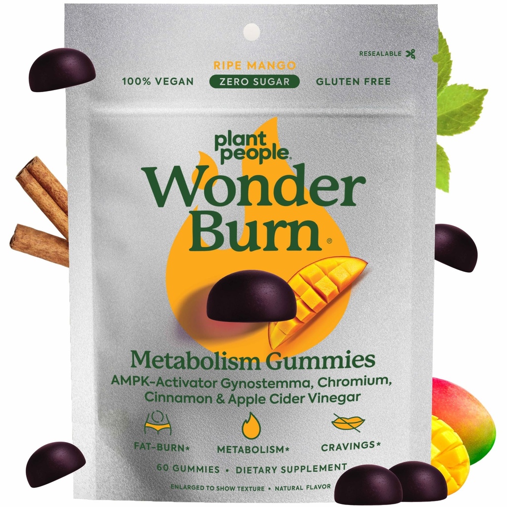 Plant People WonderBurn Metabolizm i pragnienia Kontrola Gummies, Zero Sugar, Ripe Mango Flavor (60 Count)