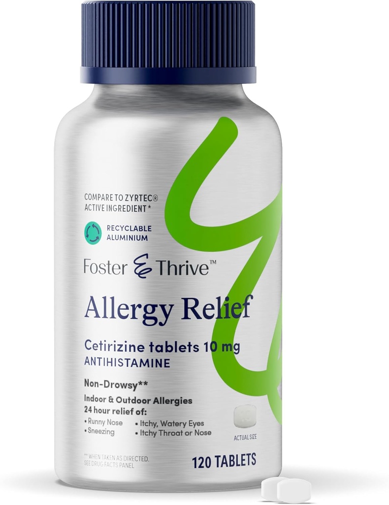 Foster & Thrive Cetirizine HCl 10mg Ulga alergiczna na alergie sezonowe, pyłki, gorączki Hay i suchych oczu swędzących, Non- Drowsy leki przeciwhistaminowe dla dzieci i dorosłych, Porównaj z Zyrtec
