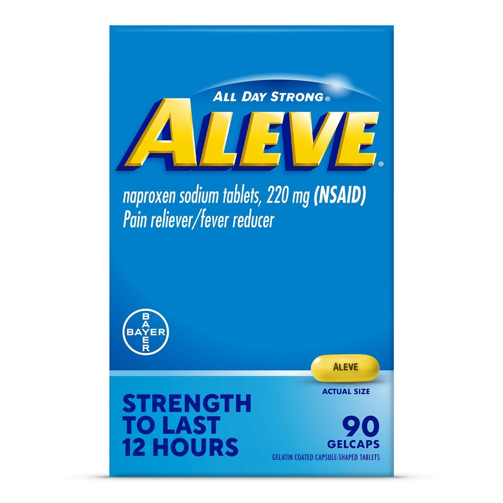 Aleve Pain Reliever & Fever Reducer Gelcaps, Naproxen Sodu, Ból głowy i pleców i ból ciała Relief Medicine, dla dorosłych i dzieci w wieku 12 lat i w górę, 90 Count