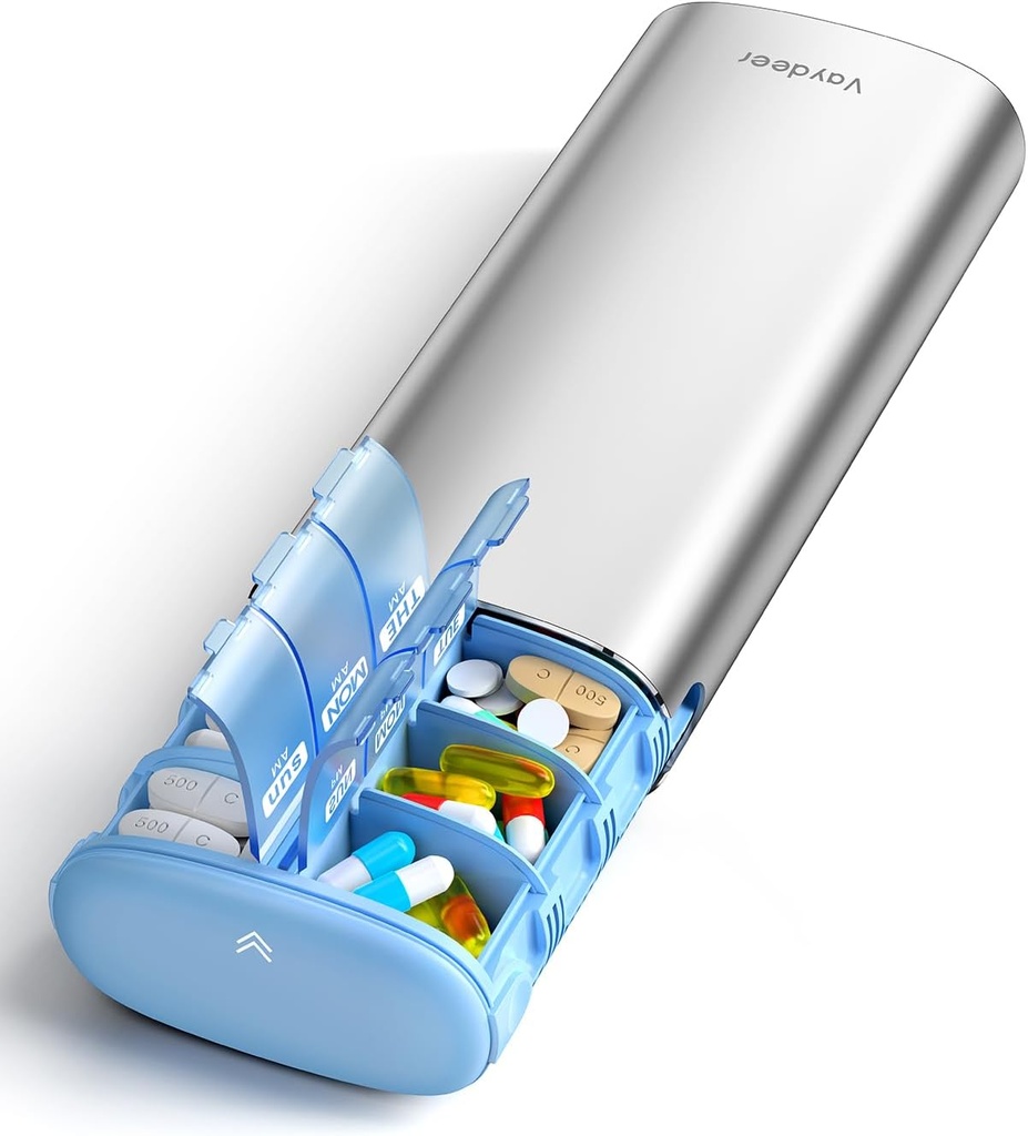 Vaydeer 7 Day Weekly Pill Organizer 2 Times a Day, Metal Am Pm Travel Pill Case, Large Capacity Twice Daily Cute Pill Box for Supplements, Pills, Vitamins and Medication (Sliver)