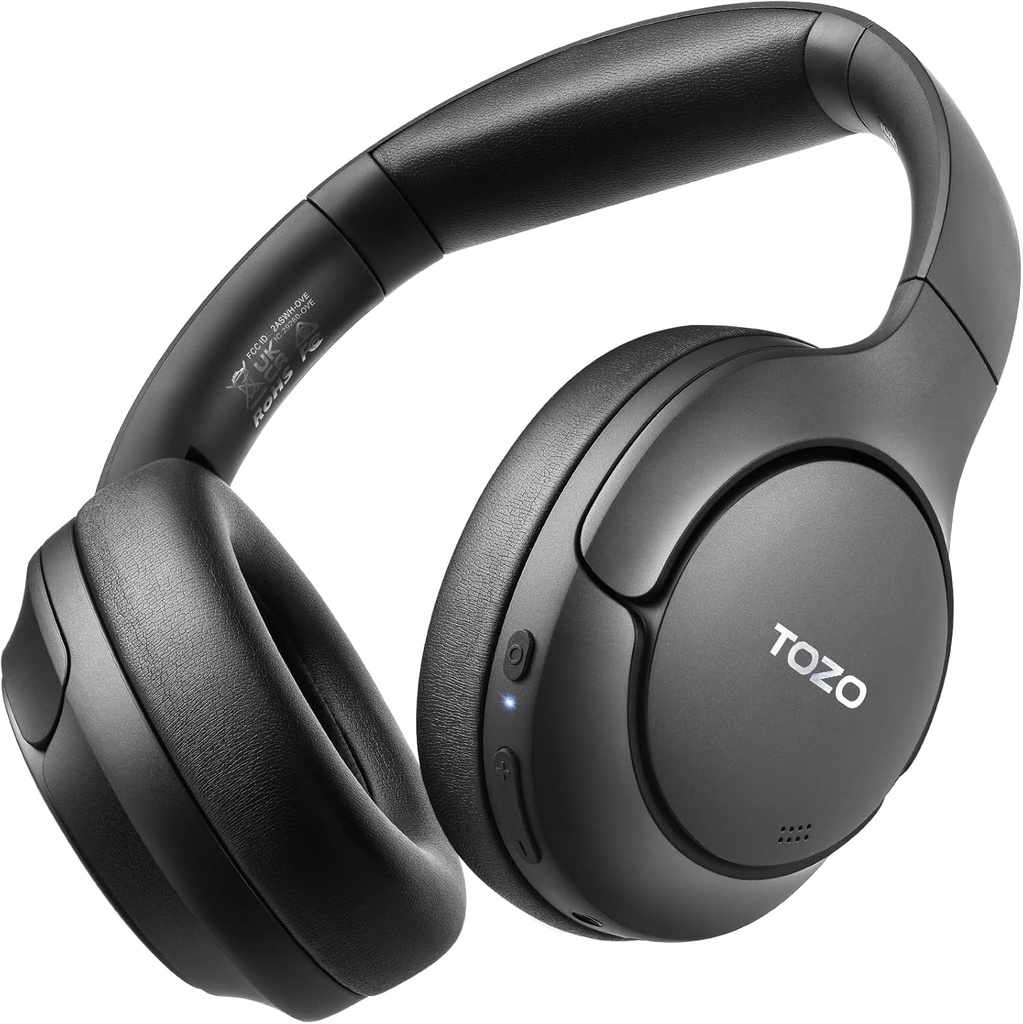 TOZO HT2 Hybrid Aktywny hałas Anulowanie słuchawek, bezprzewodowy przez ucha Bluetooth Headset, 60H Playtime, Hi- Res Audio Custom EQ poprzez aplikację Deep Bass Comfort Fit Kubki na uszy, dla Home Office Travel Black