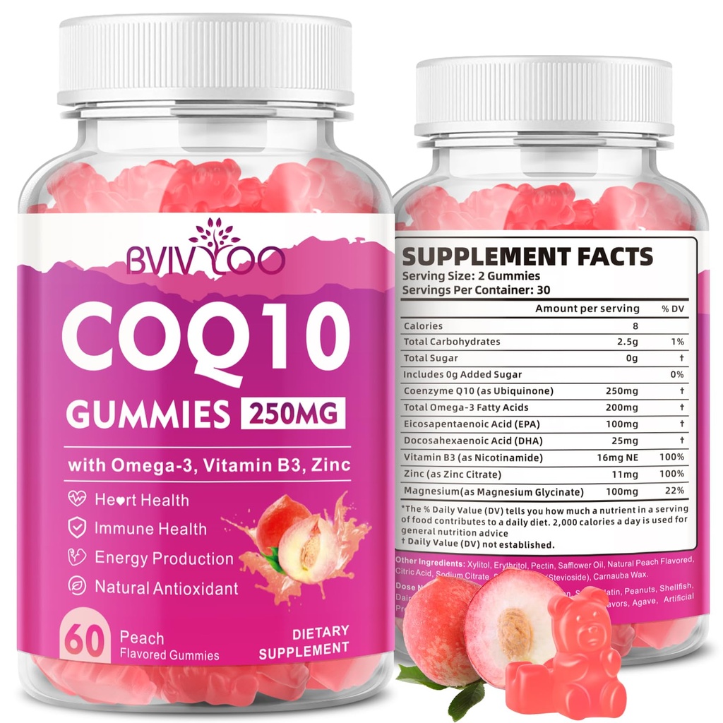 Bez cukru CoQ10 Gummies 250mg, Plus Omega-3, Witamina B3 i Cynk, Magnez - Wysoka Absorpcja Koenzym Q10 Suplementy dla Zdrowia Serca, Energia komórkowa, & Wsparcie przeciwutleniacze, 60 Hak