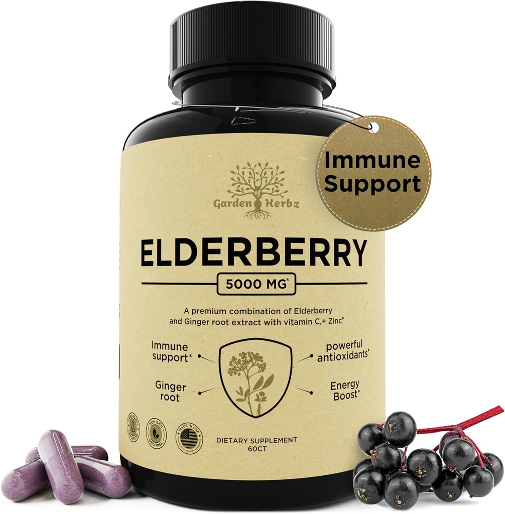 Elderberry z witaminą C, Cynk, & Ginger - Pothent Immune Booster 5000 Mg Elderberry, Cynk, & Witamina C - NieGMO Odporność Witaminy dla dorosłych, aby pomóc poczuć wibracyjne, 60 Czapki.