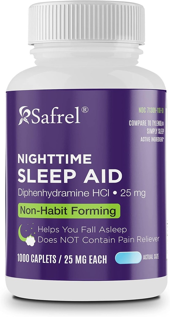 Safrel Nighttime Sleep Aid, Diphenhydramine HCl 25mg | Strong Non Habit-Forming Restful Sleeping Support for Men & Women | Fall Asleep Faster & Wake up Refreshed (1000 Count (Pack of 1), 1000, Count)