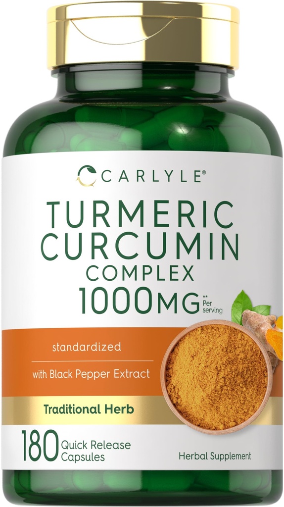 Carlyle Turmeric Curcumin z Black Pepper 1000mg Dwudziestoczterokrotnie; 180 Kapsułek Dwudziestoczterokrotnie; Turmeric Complex Supplement Dwudziestoczterokrotnie; Non- GMO, Gluten Free