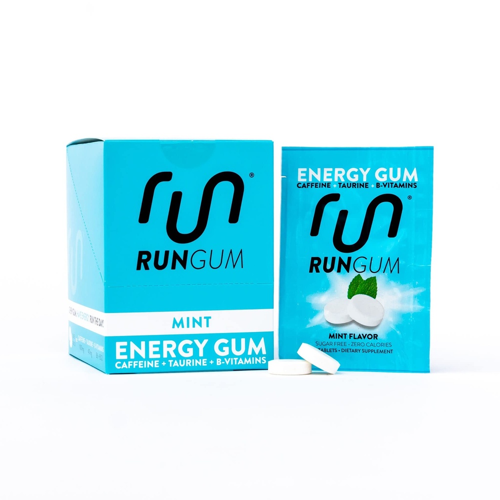 Run GUM Mint Energy Gum 50mg Kofeina Tauryna & B- Witaminy na kawałek, 24 kawałki (Opakowanie 12), 2 kawałki = 1 kawa lub napój energetyczny, Bez cukru, Zero Calorie