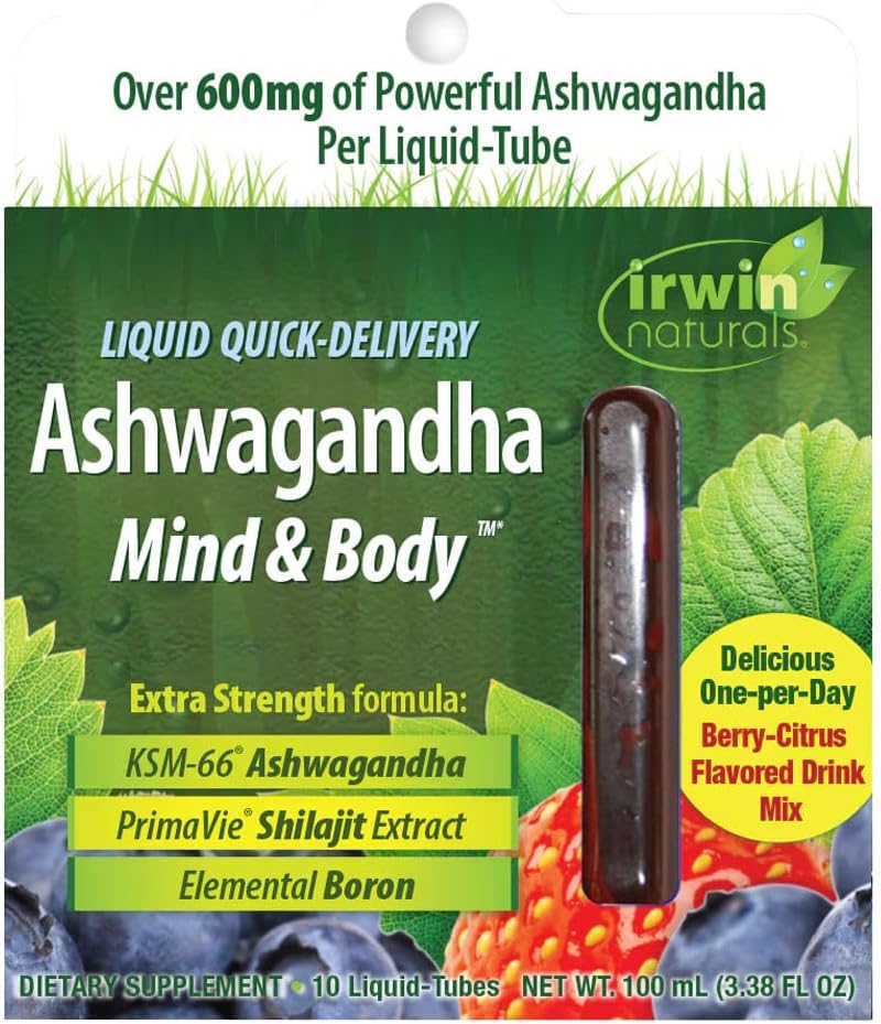 Irwin Naturals płynne Quick- Dostawa Ashwagandha Mind & Body - 10 Liquid- Tuby - zwiększa wydajność fizyczną i psychiczną - One- Per- Day Berry- Citrus aromatyzowany napój