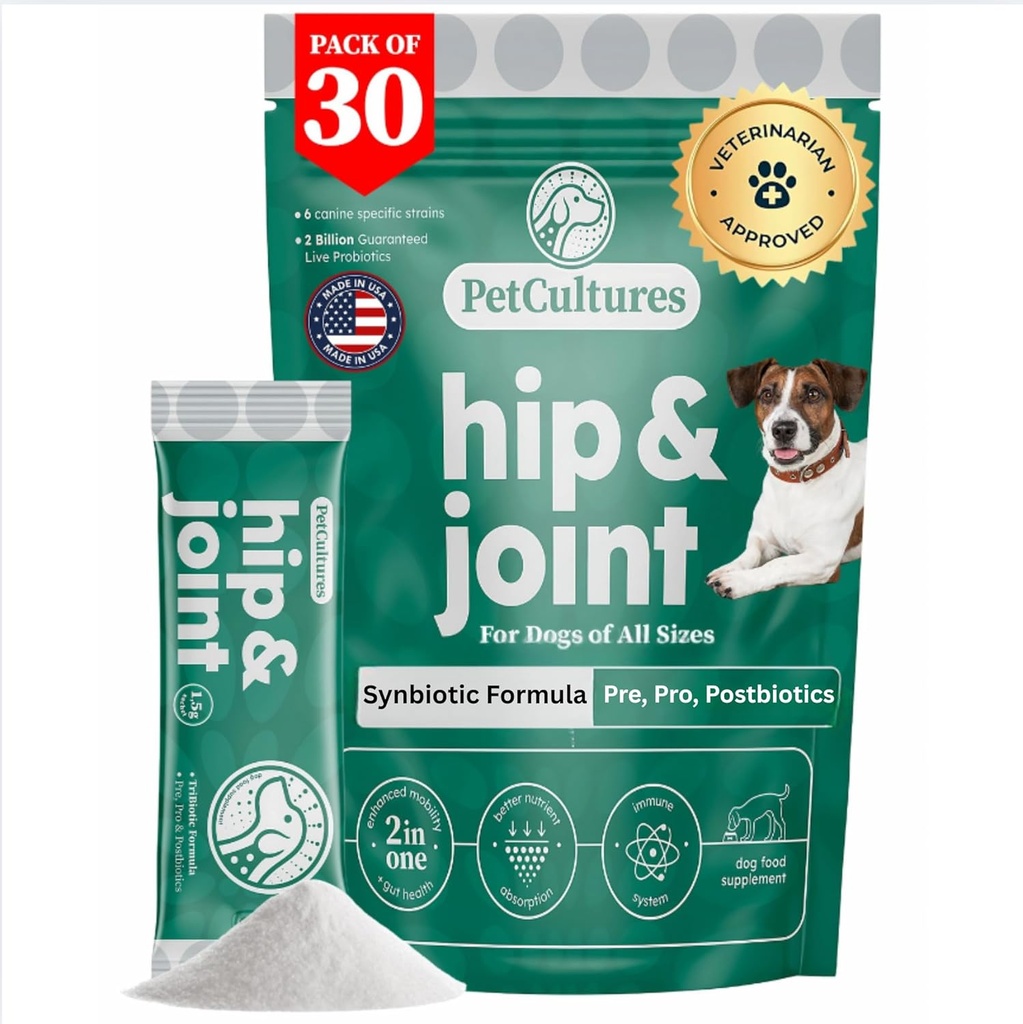 PetCultures Hip & Joint TriBiotic Powder, suplement diety Topper wspierający mobilność psów probiotycznych, prebiotycznych i postbiotycznych Plus Glukozamina & Chondroitin - Made in USA