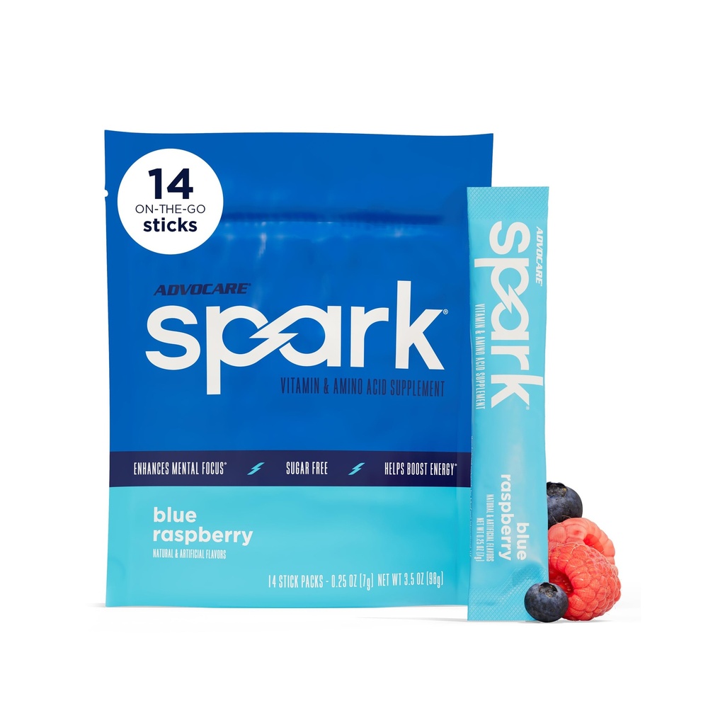 AdvoCare Spark - Energy Drink Mix - Suplement witaminy i aminokwasów - Wsparcie energii i Focus * - Przenośne wsparcie immunologiczne * - Bez cukru - Blue Malina, 14 Pakiety stick (3.5 oz)