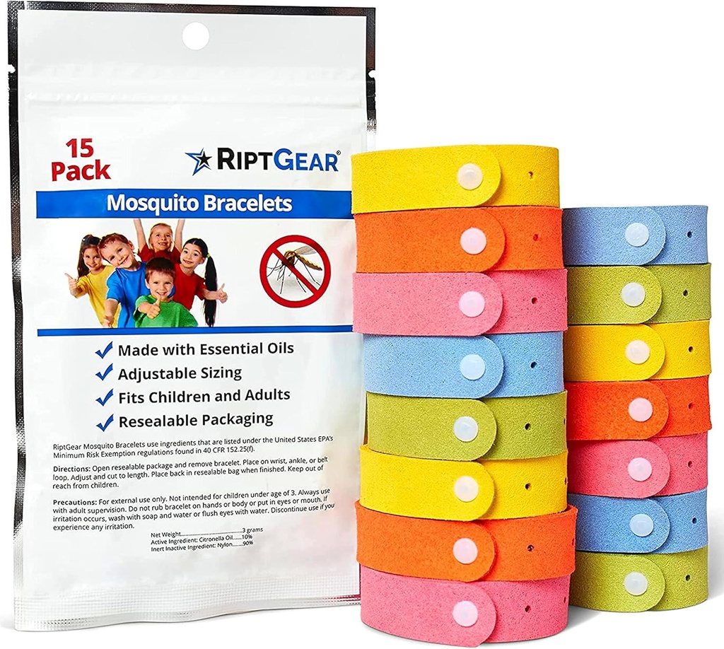 Bransoletki z Mosquito RiptGear - 15 Pack of Mosquito Bransoletki dla dzieci i dorosłych, Bransoleta z owadów, Opaska z Citronella Wristband - DEET Free Mosquito Wristbands, Camping Akcesoria