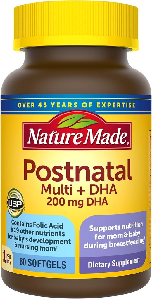 Nature Made Postnatal Multivitamin + DHA 200 mg, 60 Softgels, do wspierania karmiących matek i dzieci podczas karmienia piersią, Postnatalne witaminy i składniki odżywcze obejmują żelazo, Witamina D3, Wapnia, Jod