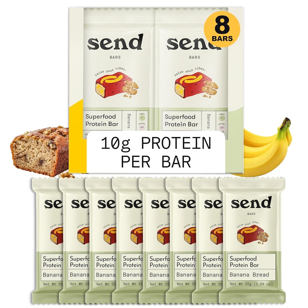 Wyślij Bars Plant-Based Wegan zdrowe proteiny bary, Z zieleni (Banana Chleb, 8 Barów) - Tylko prawdziwe składniki, Zero dodawanego cukru, Gluten- Free, Dairy-Free