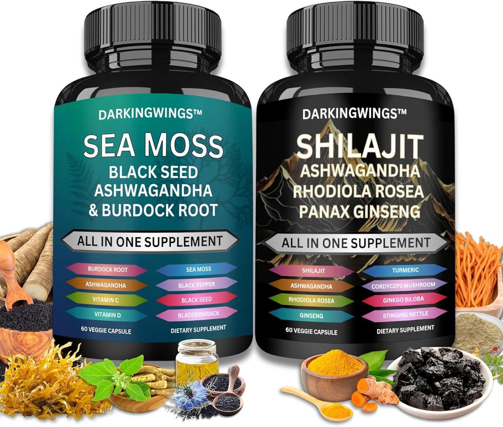 Shilajit i mech morski combo -Sea Moss 3000mg, Black Seed Oil 2000mg, Ashwagandha 2000mg, Shilajit 9000mg, Rhodiola Rosea1000mg, Panax Ginseng1500mg gimnazjum 124; mech morski i shilajit wiązka, wszystkie w jednym suplemencie