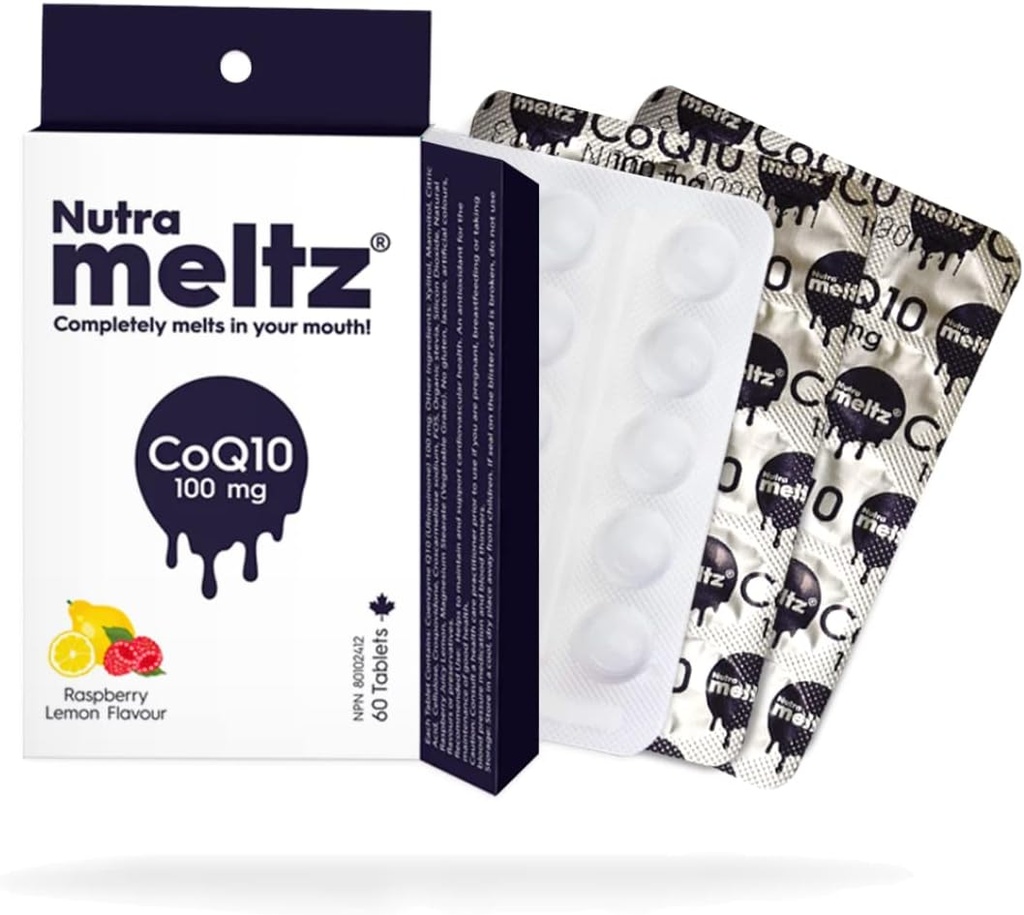 Nutra meltz CoQ10 100 mg - Koenzym Q10 Wspiera zdrowie serca, Wzmacnia produkcję energii Szybkie rozpuszczanie tabletek na niedobór enzymów - Malina i Lemon Flavor (60 tabletek)
