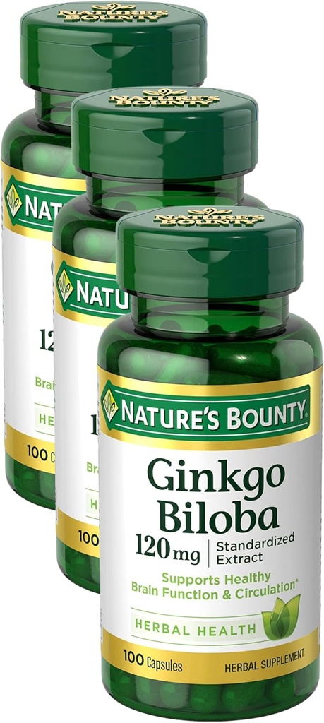 Nature 's Bounty Ginkgo Biloba kapsułki 120mg, Memory Support Supplement, Wspomaga funkcje mózgu i psychicznej alertywności, 100 Kapsułki (Opakowanie 3)