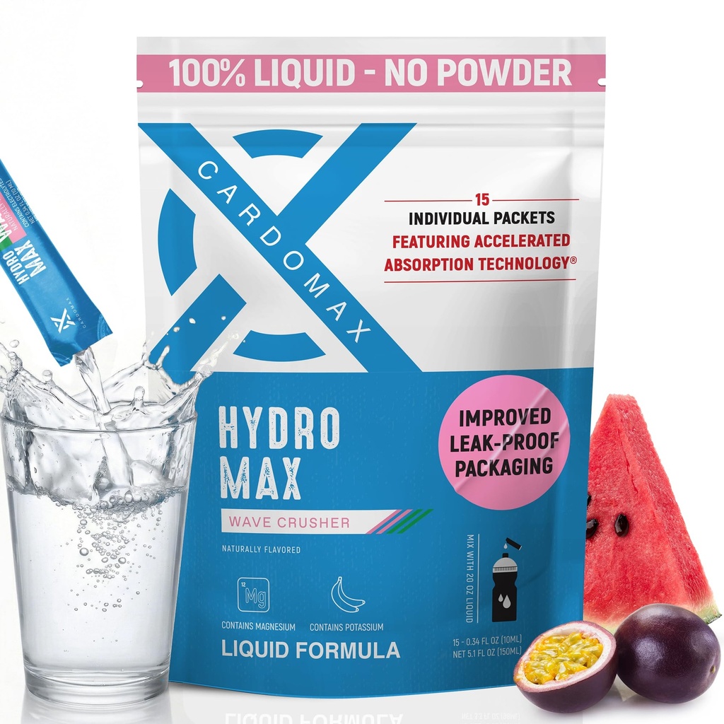 CardoMax Hydromax Electrolyte Drink Mix -Wavecrusher Flavor 15 Pakiety płynne z potasu i magnezu - Zero cukru, Keto i Vegan Electrolytes dla szybkiego nawodnienia i suplement odzyskiwania