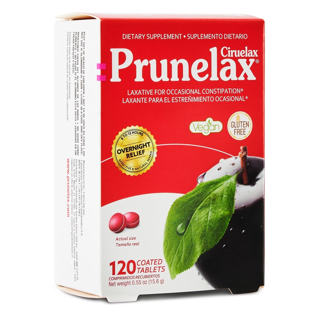 Prunelax Ciruelax Regularna Siła Laxative Mini Tablets - Nocna ulga w przypadku sporadycznych zaparć, Senna Extract, Vegan & gluten- Free, Delikatna ulga - 120ct