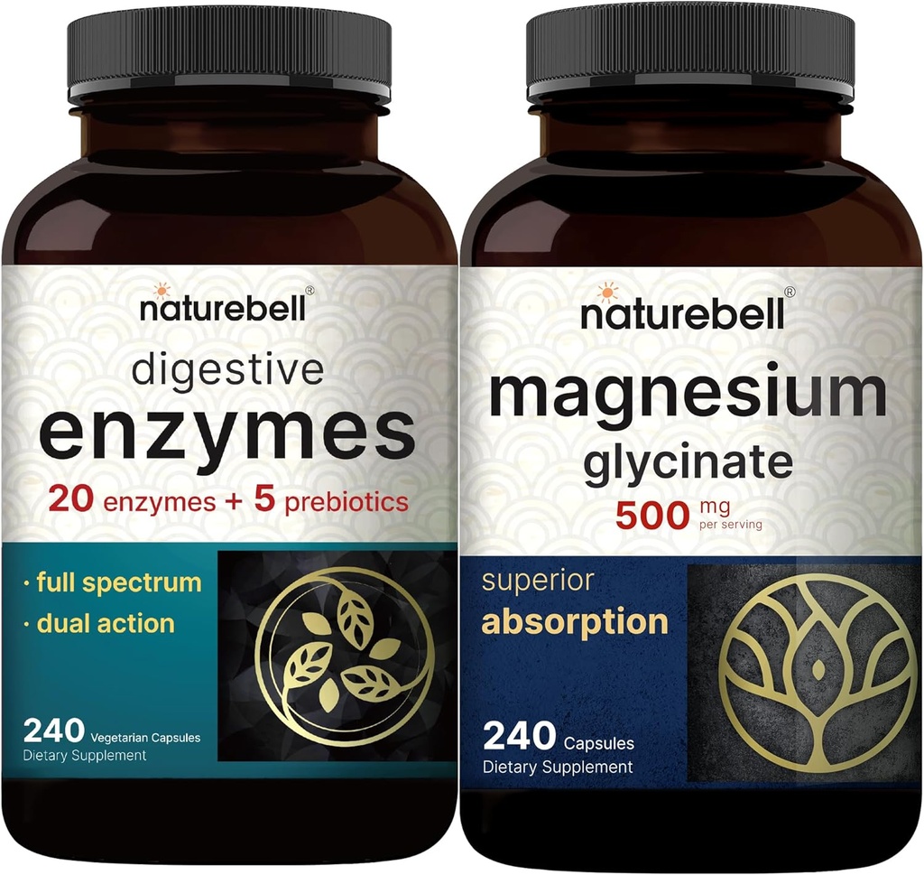 Magnezu Glicynian Kapsułki 500 mg, 240 Count - 100% Chelated & Oczyszczony; Enzymy trawienne z Prebiotykami, 240 Veggie Kapsułki - 20 Enzyme & 5 Prebiotyczny zespół trzustki