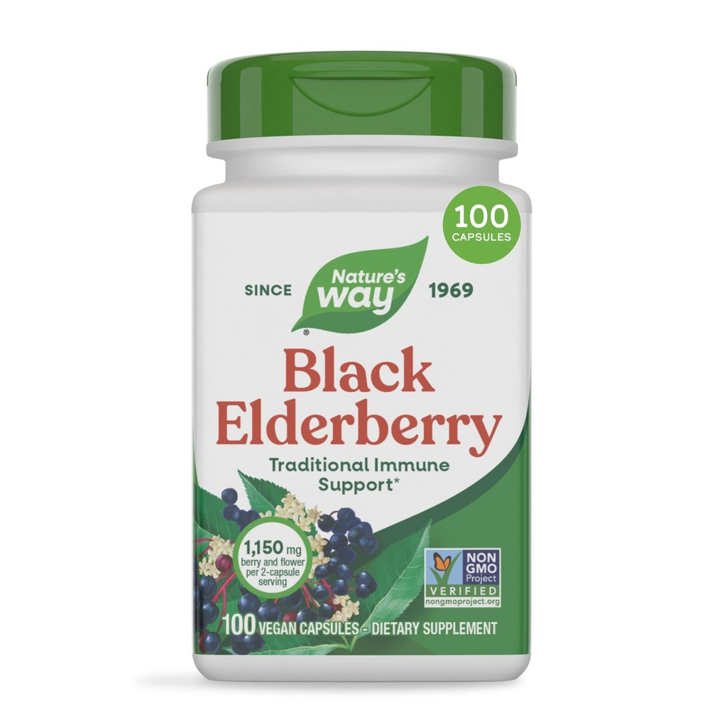 Nature 's Way Black Elderberry Kapsułki, Tradycyjne wsparcie immunologiczne * Suplement z Elderberry i Elderflower, Roślina napędzana, 100 Kapsułki (Packaging May Vary)