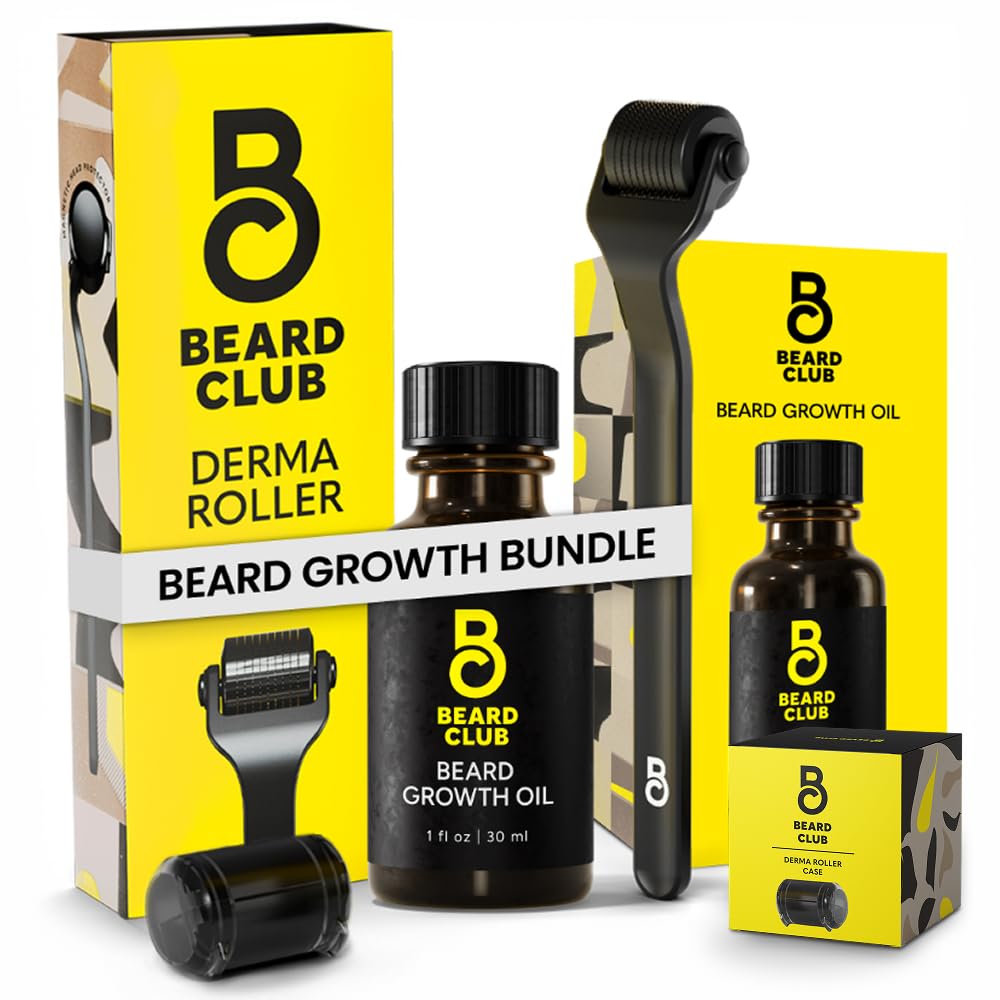 Beard Club Premium Derma Roller & Beard Growth Oil - Microneedling Roller z 540 Titanium Mikroneedles for Face, Body and Scalp - Beard Roller z Sandalwood & Cedar Beard Oil