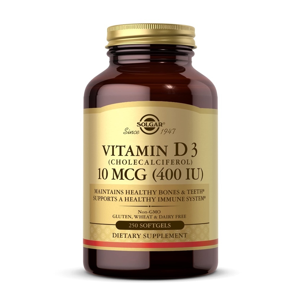 Witamina Solgar D3 (Cholecalciferol) 10 μg (400 j.m.) - 250 Softgels - Pomaga utrzymać zdrowe kości i zęby - Wsparcie układu immunologicznego - Non-GMO, Gluten Free, Dairy Free - 250 Servings
