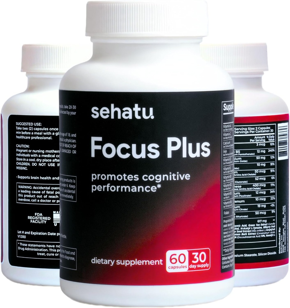 Focus Plus Cognitive Performance Enhancer 124; z N- Acetyl L- Tyrosine, DMAE Bitartrate, GABA, Glutamic Acid Enhancer 124; Wzmacnia Focus, Enhances Memory, Supports Brain Health 124; 60 Hrabia 124; 30 Day Supply