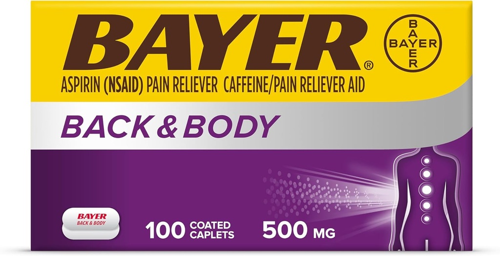 Bayer Back & Body Dodatkowa siła Aspiryna, 500mg tabletki powlekane, szybka ulga w miejscu bólu, ulga bólowa z 32,5 mg kofeiny, 100