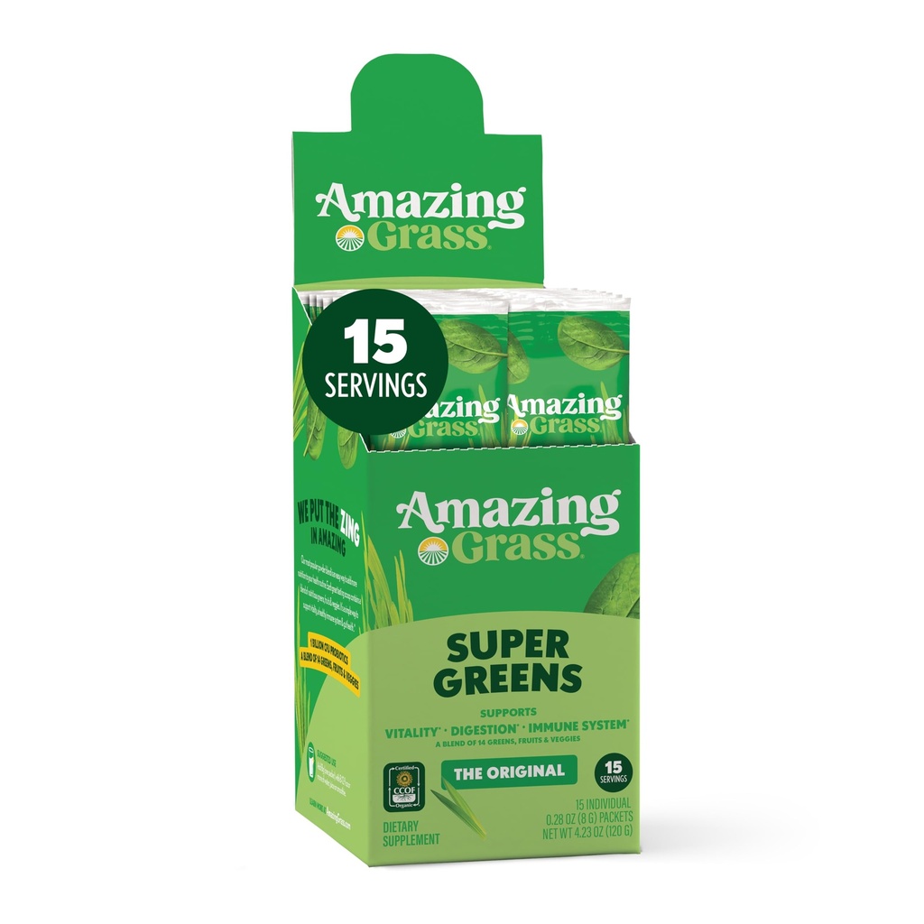 Amazing zieleń trawa miesza Superfood: Super Zielony proszek Smoothie z Spirulina, Chlorella, Burak Root Powder, Enzymy, Prebiotyki i Probiotyki, Original, 15 Sług (Packaging May Vary)