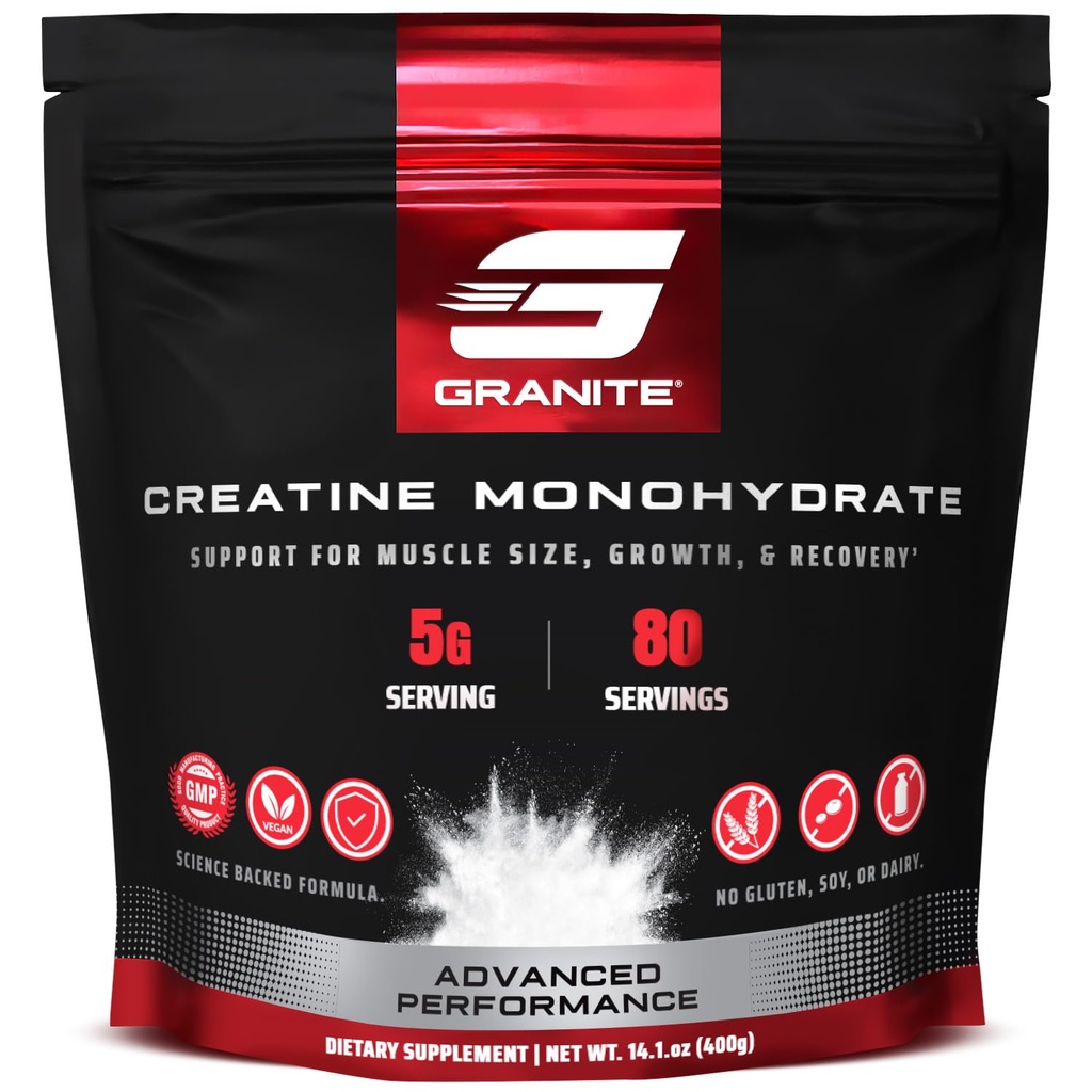 Granit Kreatyna monohydrat, Wspomaga Siła, Endurance, & Odzyskiwanie mięśni, Kreatyna dla mężczyzn i kobiet, Soy- Free, Dairy- Free, Gluten- Free (80 Służenie)