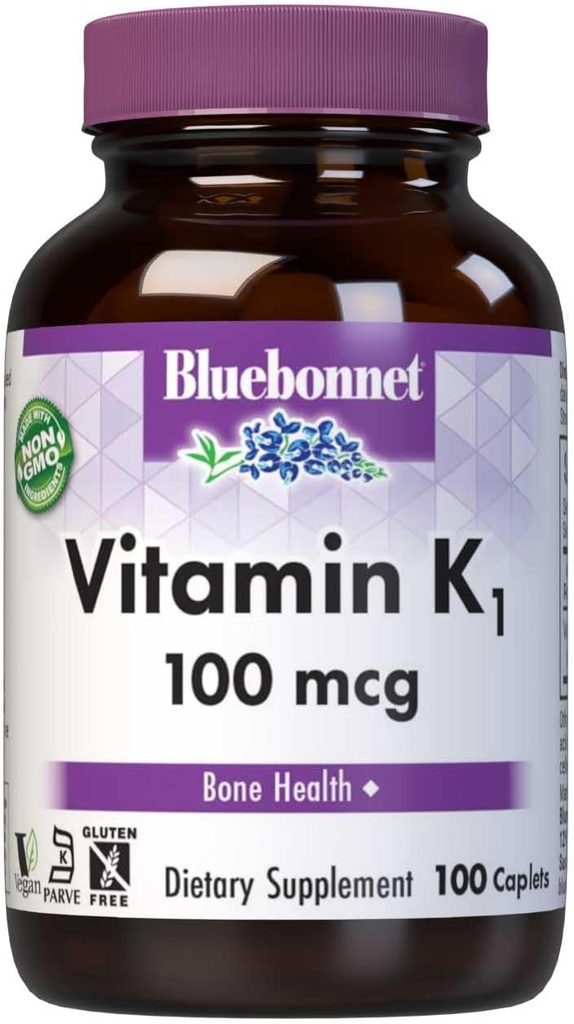 Bluebonnet Witamina K1 100 µg Wspiera zdrowie kości - Phyllochinon Crystalline Witamina K Suplement - Non-GMO, Kosher Certified, Gluten- Free, Dairy - 100 Vegan Caplets