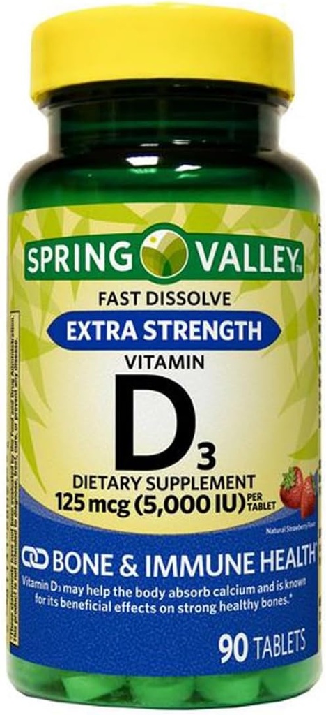Dodatkowa moc Witamina D3 szybko rozpuszcza tabletki Suplement diety, 125 Mcg (5000 j.m.), Strawberry Flavor, 90