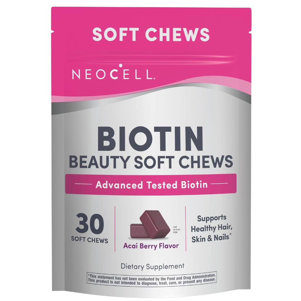 NeoCell Biotin Beauty Miękkie żucia, Dla zdrowej skóry, włosów, paznokci, Suplement wsparcia energetycznego, Acai Berry Flavor, Miękkie żucia, 30 Hrabia, 1 Torba