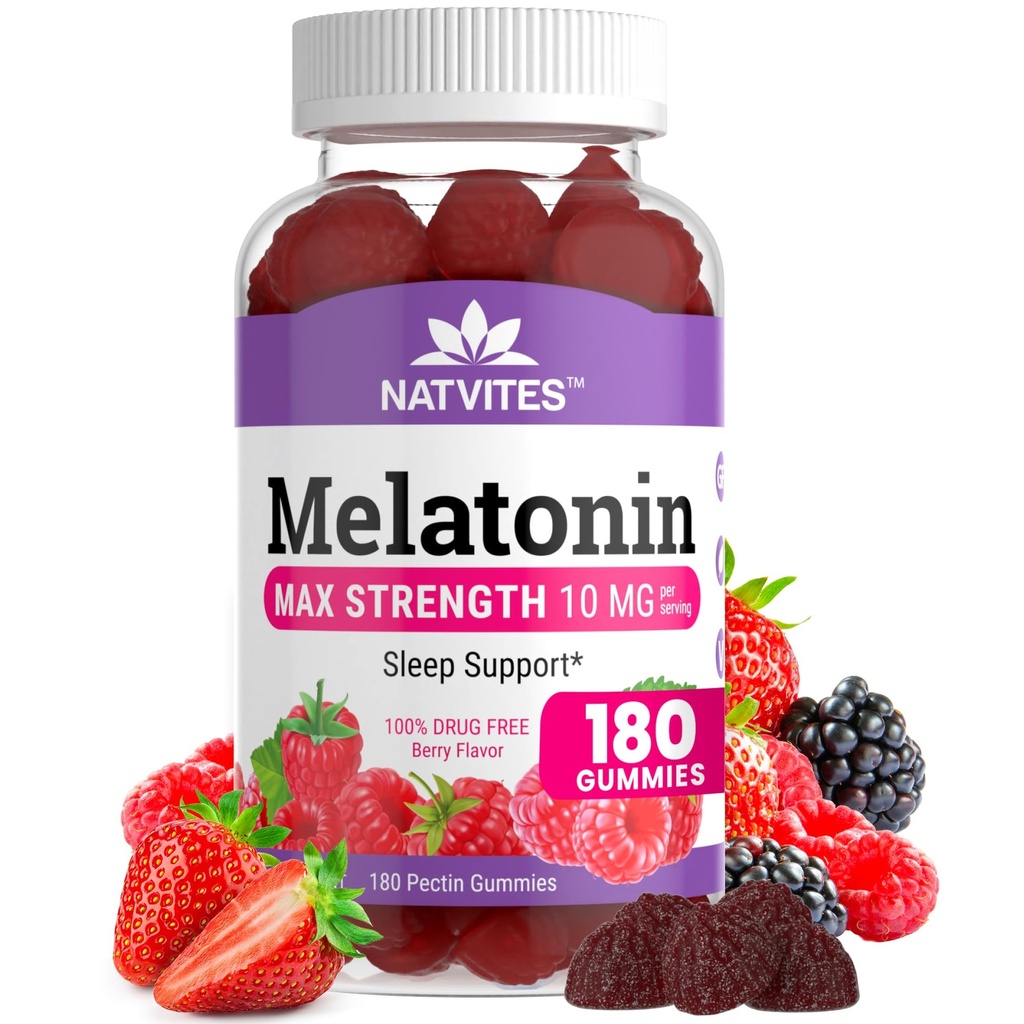 Melatonina Gummies Max Siła 10 mg Pectin Gummies, Pomaga w utrzymaniu snu, Berry Flavor Gummy, 100% bez narkotyków, 180 Liczba (Opakowanie 1)