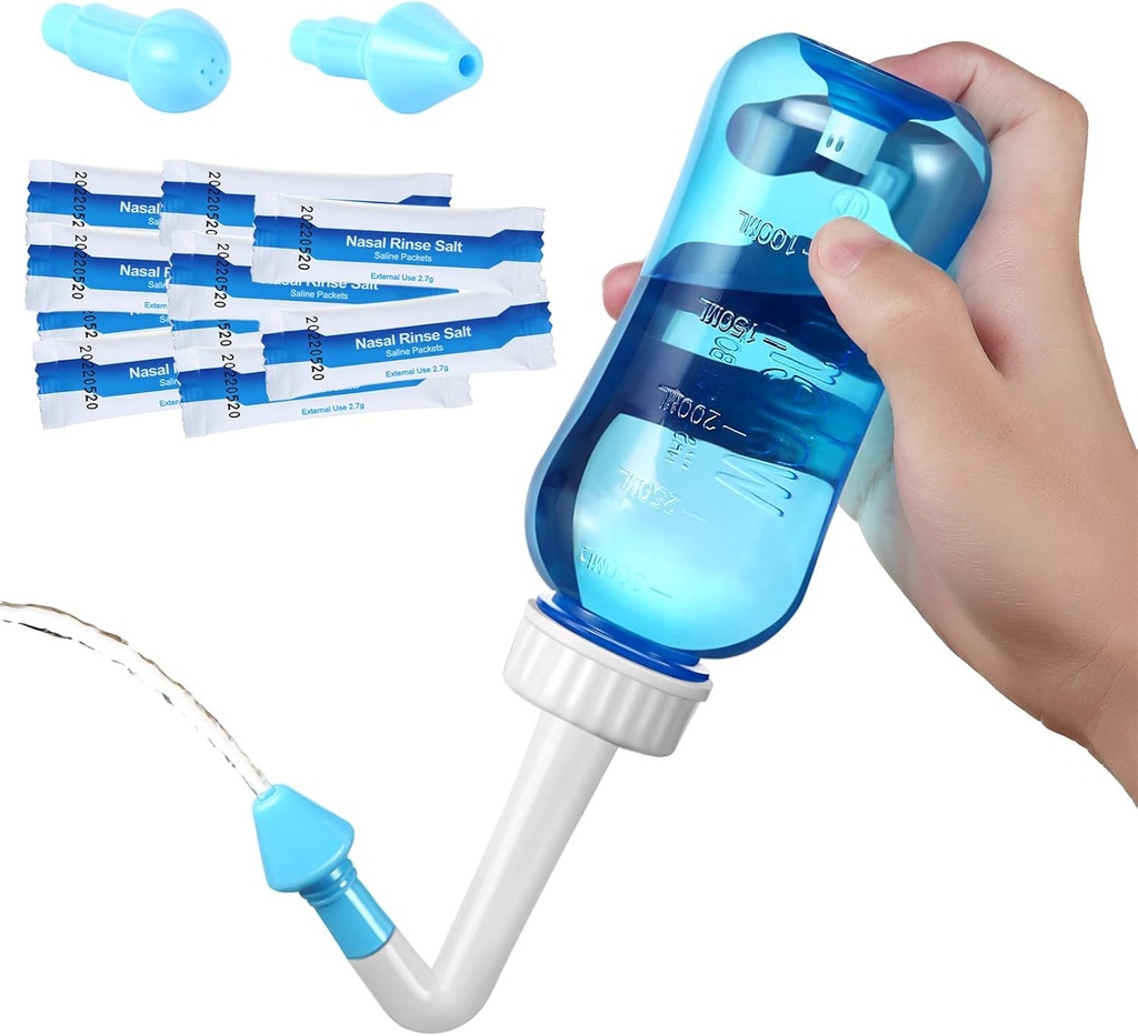 Carllg Neti Pot - Butelka do płukania nosa z solą Sinus Rinse dla dorosłych i dzieci (300 ml butelka z 30 paczkami soli)