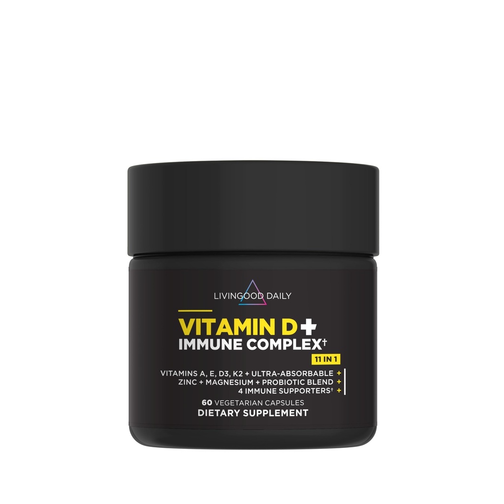 Livingood Daily Witamina D + Zespół immunologiczny, Made with Witamina D3 K2, Cynk, Magnez, Witaminy E & A i Probiotyki, Suplement wsparcia immunologicznego, Advanced Absorption, Gluten Free, Nie GMO, 60 Kapsułki