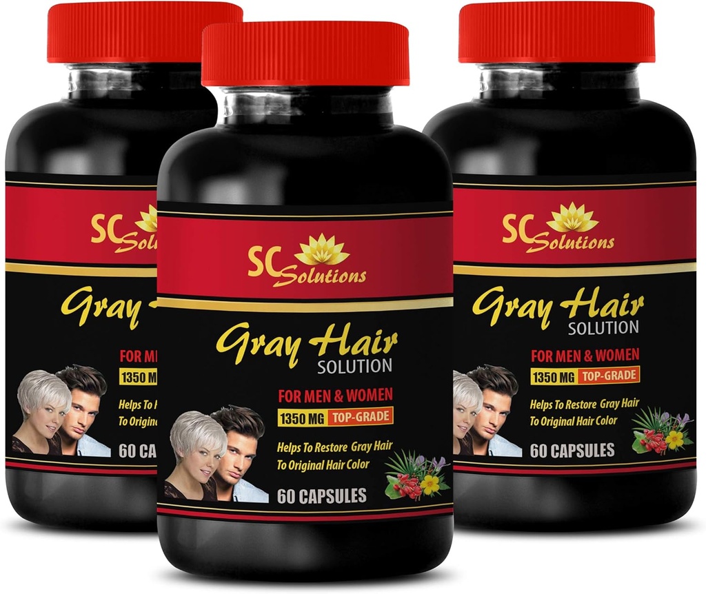 Energy Pills - Anti- Gray Hair Solution - dla mężczyzn i kobiet - Kwas foliowy, Biotin, Kwas pantotenowy, Catalse, Horsetail, Saw Palmetto, PABA, L- Tyrozyna, Nettle, Chlorofil, Fo Ti, Barley 3B 180 Czapki