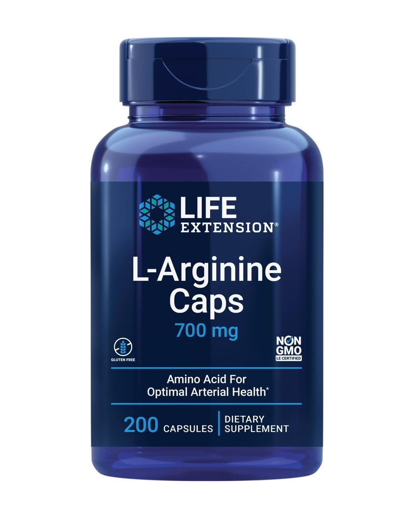 Life Extension L- Arginina Czapki, 700 mg, Witamina C & Amino Kwas dla optymalnego zdrowia tętnic, Wspomaga serce i immunologiczne zdrowie, Zdrowe Tkanka & Kości, Gluten Free, Non-GMO, 200 Kapsułki