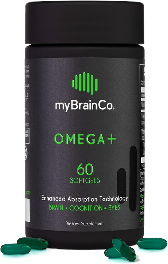 myBrainCo - OMEGA + - EPA DHA Omega 3 Suplement z Tocotrienols Witamina E - Wsparcie zdrowia mózgu, funkcji poznawczych, równowagi nastrojów, zdrowia oczu i odporności - Suplement zdrowia mózgu (60 Softgels)