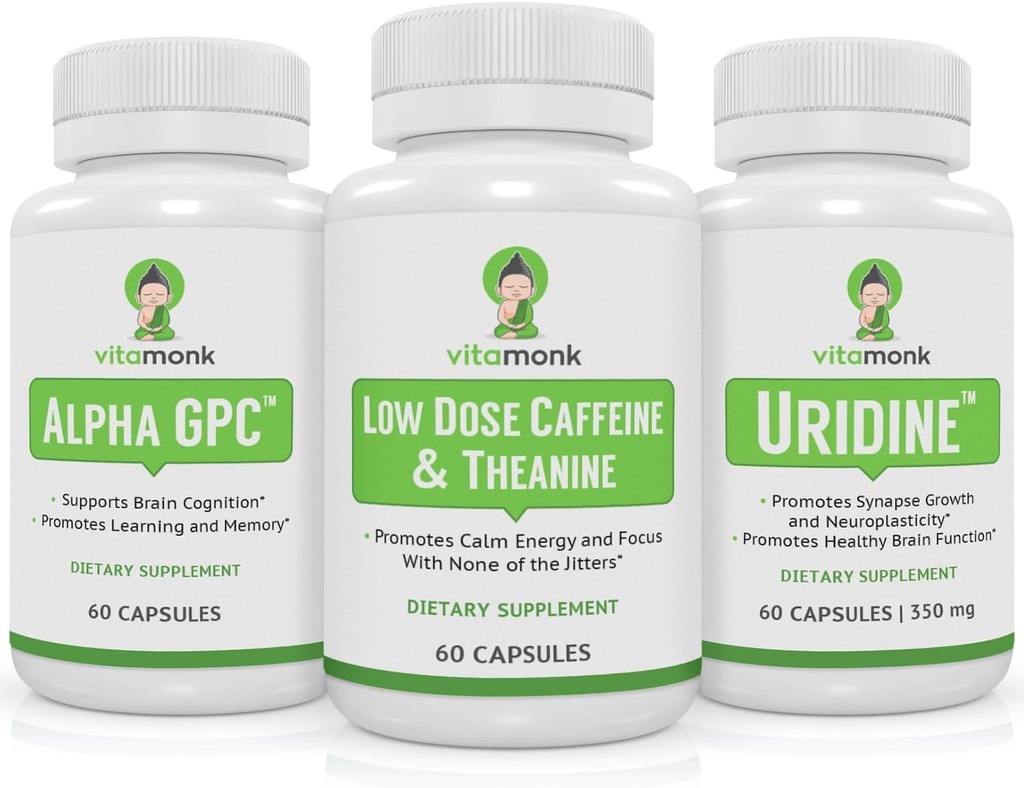 VitaMonk Brain Boost Bundle - Alpha GPC, Uridine, i niskiej dawki kofeina + L- Theanine Duo