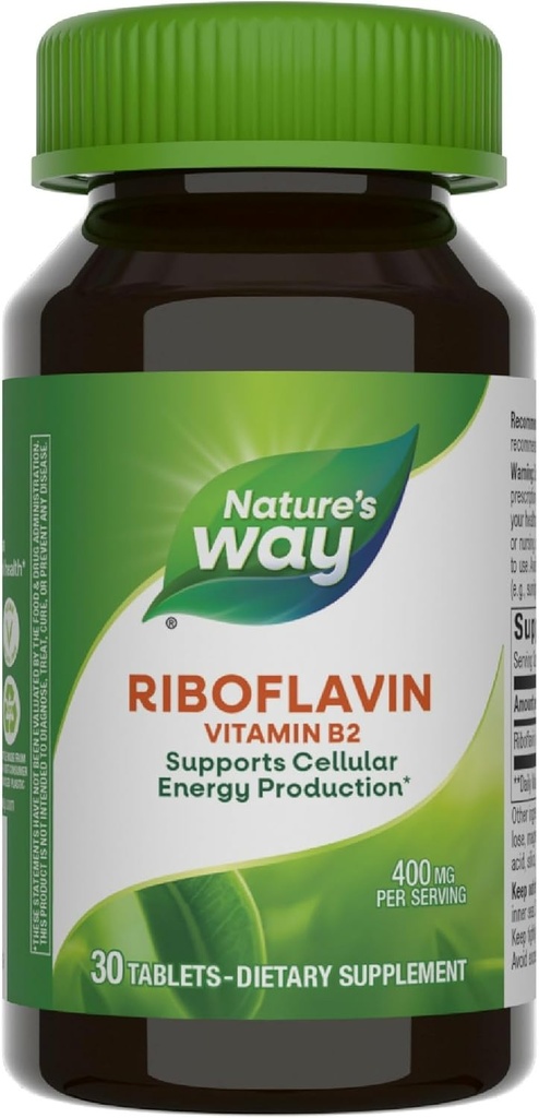 Nature 's Way Riboflavin Witamina B2, Wspiera produkcję energii komórkowej *, Vegan, 30 tabletek (Opakowania maja Vary)