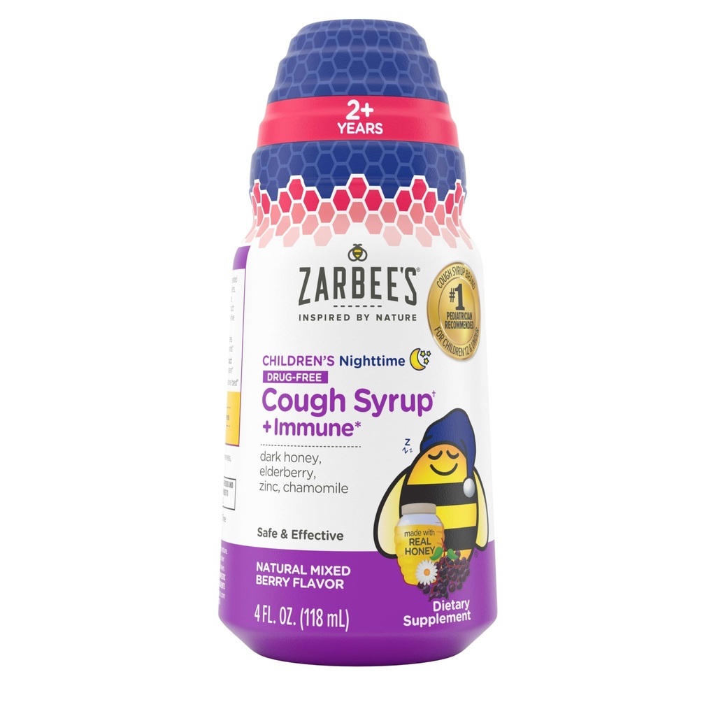 Syrop na kaszel dla dzieci Zarbee 's Night Honey Syrop + Immune dla dzieci 2 +, Syrop na kaszel z soothing Dark Honey, Real Elderberry, Witamina D & Cynk, & Rumianek, Wolny od narkotyków, Mieszane Berry, 4 fl. oz