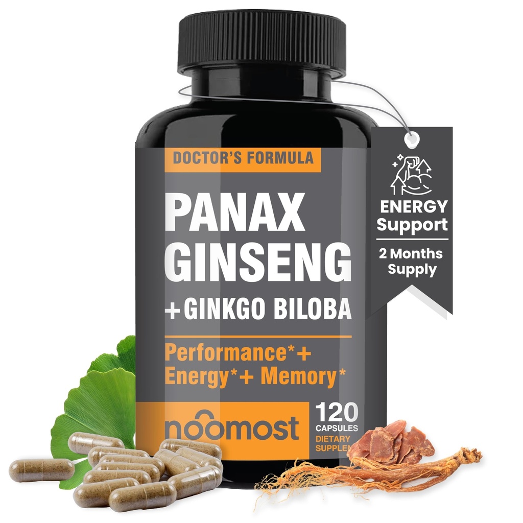 Najbardziej autentyczny koreański czerwony Panax Ginseng + Ginkgo Biloba, 120 Kapsułek wegańskich, Ginseng Root Extract proszek 1000mg (10% żeńszenozydów) + Gingko Biloba 60mg, Energy and Focus Pills for Men and Women