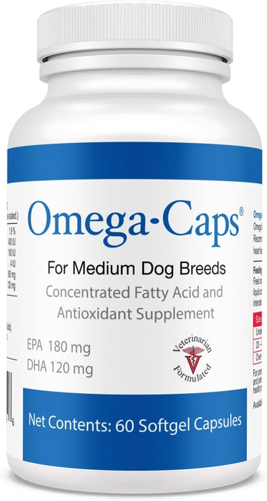 Omega- Czapki dla średnich hodowli psów - Omega 3, Witaminy, Minerały, Przeciwutleniacze - Wsparcie układu immunologicznego, Łączniki, Serce i Mózg - 60 Kapsułki Softgel