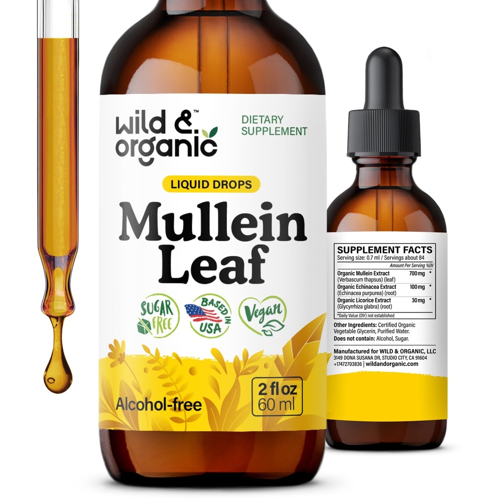 Wild & Organic Mullein Drops for Lungs - Lung Detox and Cleanse - Liquid Mullein Leaf Tincture with Echinacea & Licorice Root - Vegan, Sugar & Alcohol- Free Extract Supplement - 2 fl oz