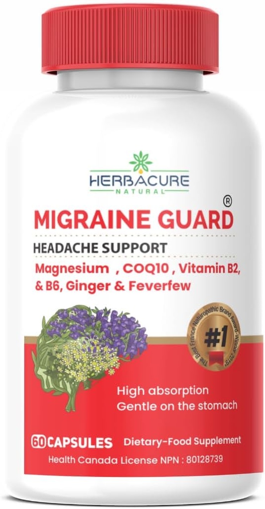 MIGRAINE Guard ® Nowe Migrena Relief Headheal Prevention, Clinically Proven COQ10, VIT B2, VIT B6, Feverfew, Magnezu Glycinate, Ginger, Wyjątkowa odpowiedź podczas badań wykonanych w Kanadzie