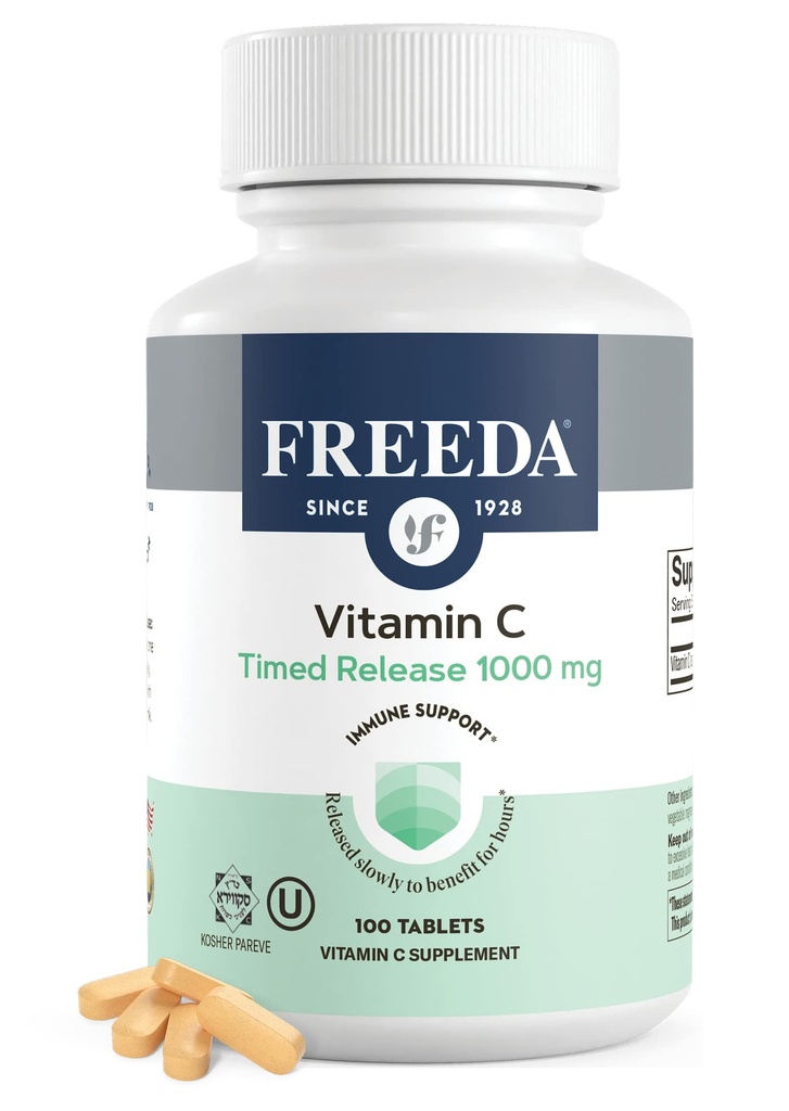 FREEDA Timed Release Witamina C 1000mg - Slow- Release All- Day Immune & Antioksydant Support, Delikatność na stomach, Kosher & Vegan, Wysokochłonne tabletki (100 tabletek)