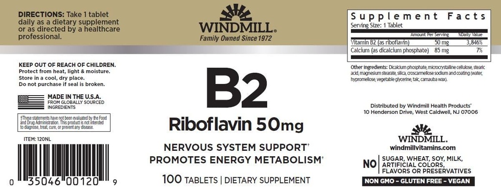 Wiatrak Witamina B-2 50 mg Tabletki - 100 ea (6 opakowań)