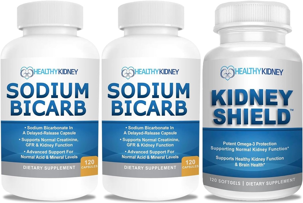 Biwęglan sodu 650mg Kapsułki na kwasicę, Alkaliczność 120 tabletek 2- Pack + Tarcza Nerki 120 Czapki Suplement Nerki do wsparcia Normalnej funkcji Nerki