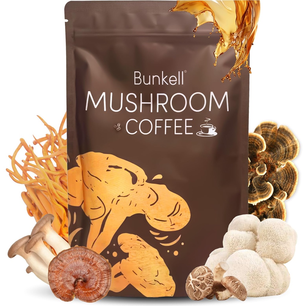 Grzyb Kawa, Adaptogenic 6 Grzyby z grzywą Lwa, Reishi, Cordyceps, Shiitake, King Trumpet & Turcja Ogon, Natychmiastowy proszek do kawy dla energii, trawienie i immunologiczne wsparcie, 30 Słupki